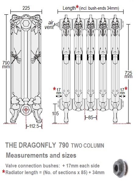 Dragonfly 790 Two-Column Cast Iron Radiator, 11 Sections, 790x 969mm